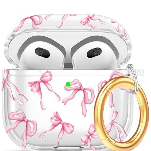 Clear Case Compatible with Airpods 3 Case Cover, Wonjury Protective Floral Case Cover with Keychain Compatible with Airpods 3 Generation (2021 Released), Front LED Visible,Pin Bow - color: Clear Pink Bow