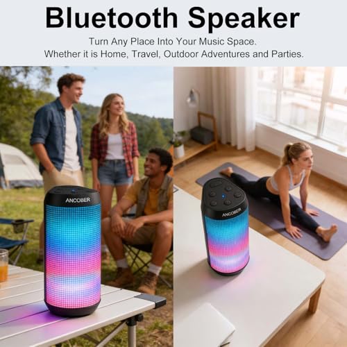 Bluetooth Speaker, Portable Wireless, 20W HD Stereo Loud Sound, 8 Modes LED Light Show, 30H Playtime, IPX4 Waterproof, TWS Pairing, Built-in Mic, BT5.3, for Outdoor, Party, Travel, Home, Ideal Gifts