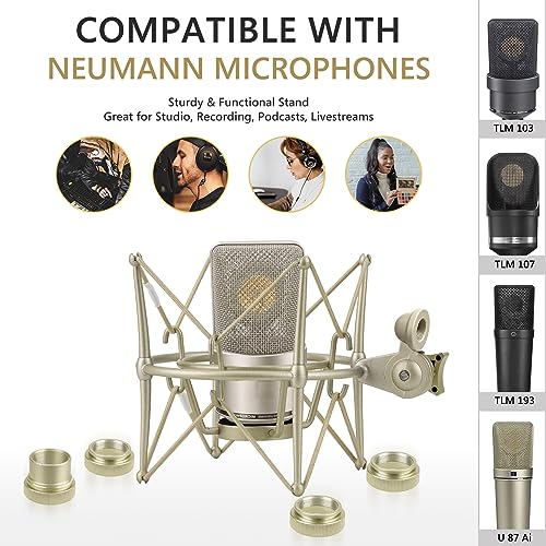 Geekria for Creators Microphone Shock Mount Compatible with Neumann TLM 103, TLM 102, U 87 Ai, TLM 67 Mic Anti-Vibration Suspension Adapter Clamp Mic Holder Clip (Champagne / Metal)