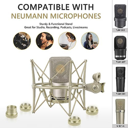 Geekria for Creators Microphone Shock Mount Compatible with Neumann TLM 103, TLM 102, U 87 Ai, TLM 67 Mic Anti-Vibration Suspension Adapter Clamp Mic Holder Clip (Champagne / Metal)