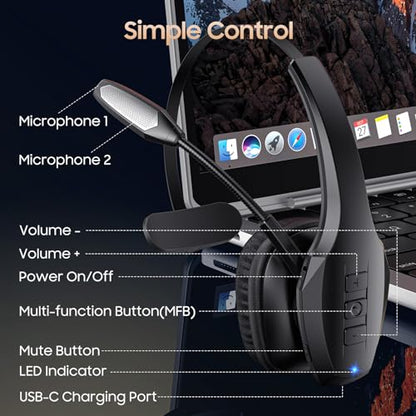 Trucker Bluetooth Headset, Wireless Headset with Mic, Bluetooth Headsets with Dual Noise Cancelling Microphone & Mute Button, 55Hrs Working Time PC Headsets for Cell Phones, Computer, Truck Driver