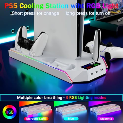 PS5 Stand and Cooling Station with LED Controller Charging Station for PlayStation 5/Slim/Pro Console,Accessories Incl.Controller Charger,PS5 Cooling Fan,Headset Holder,3 USB Hubs - color: RGB-White