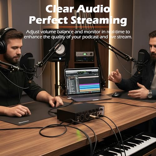 USB Audio Interface for PC Recording, 24-bit/192kHz Computer Audio Interface for Recording Music, 48V Phantom Power Music Recording Studio Equipment, for Home Studio Guitar Podcast Streaming