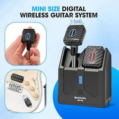 5.8Ghz Mini Wireless Guitar System with Portable Charging Case Wireless Transmitter and Receiver 4 Working Channel for Electric Guitar Digital Wind Instrument Wireless System Mini Device（Carbon Fiber） - color: Dark Grey