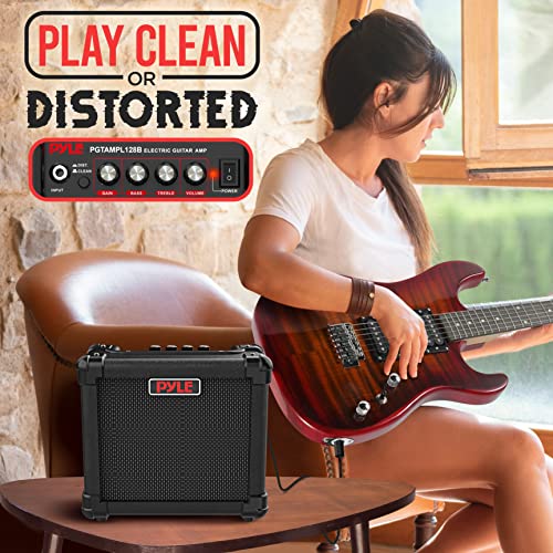 Pyle Portable Electric Guitar Amp - Battery or Wall Power Mini 10 Watt Mini Practice Instrument Amplifier w/ 5" High Definition Speaker, Headphone Out, Volume, Bass, Treble, Distortion, Gain Controls