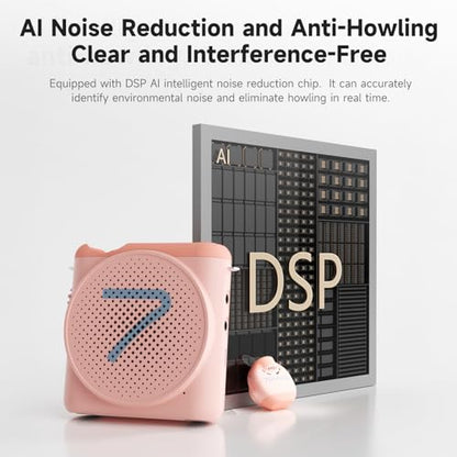 7RYMS WA2 Wireless Voice Amplifier for Teachers with Magnetic lavalier Mic, Wireless Portable Amplifier with Noise Canceling, Mini Voice Amplifier for Classroom, Meeting, Training, Speech (Pink) - color: Pink
