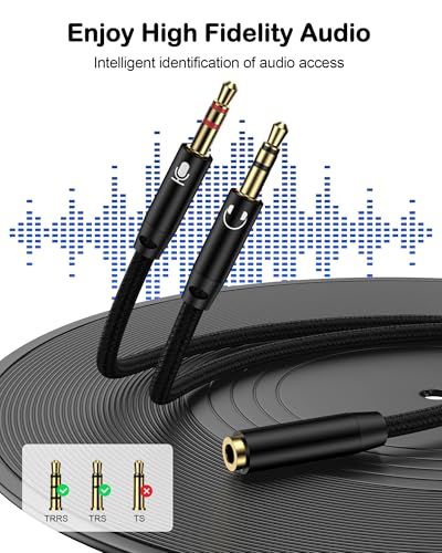 Headphone Mic Splitter for PC, 3.5mm TRRS Female to Dual Male TRS Adapter | 2-in-1 Braided Y Separator Aux Dongle Converters Audio Cable Cord for Headset Microphone Gaming Computer Speaker PC Laptop