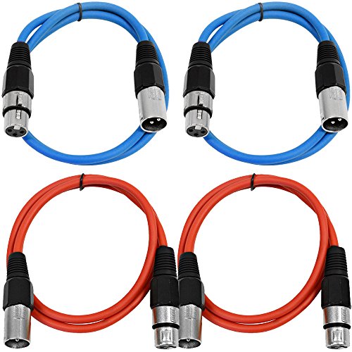 Seismic Audio - SAXLX-2-4 Pack of 2' XLR Male to XLR Female Patch Cables - Balanced - 2 Foot Patch Cord - Blue and Red - color: Blue and Red