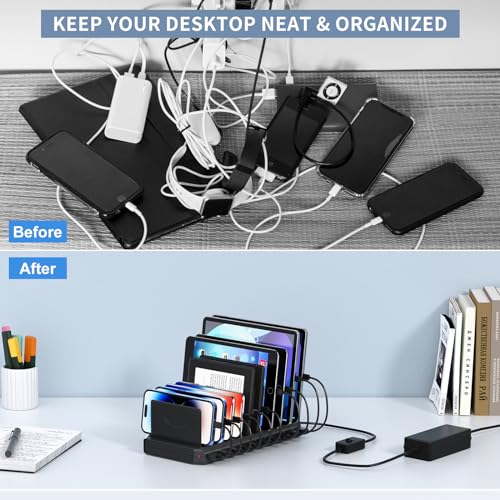 USB Charging Station for Multiple Devices, 10 Port 60W Multiple USB Charger Station with Adjustable Dividers, Fast Charging Station Hub for Hotels, Shops, Schools, Shopping Malls and Travel