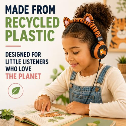 Planet Buddies Kids Tiger Wired Headphones with Cord, Safe Volume for Kids | Toddler Safe, Foldable, On-Ear Corded Animal Headphone for Girls, Boys with Mic for iPad, Tablet, Airplane, School & Travel
