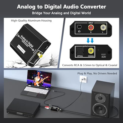 Analog to Digital Audio Converter, RCA to Optical Converter, RCA/3.5MM to Toslink and Coaxial Adapter, 48kHz/24bit PCM LPCM Stereo ADC for PS5/PS4/DVD/TV/CD/Game Console/Soundbar/Headphone