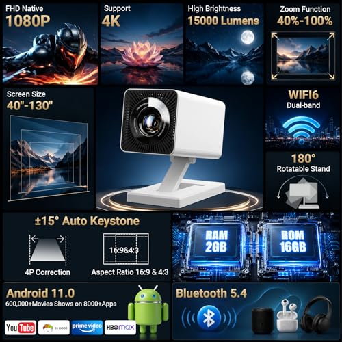 【Built-in APPS】Mini Projector With Wifi And Bluetooth, 1080P 4K Support Portable Projector, Movie Projector for Bedroom, Compatible with Smartphones/TV Stick/iPad/PS5/Laptop/HDMI/USB
