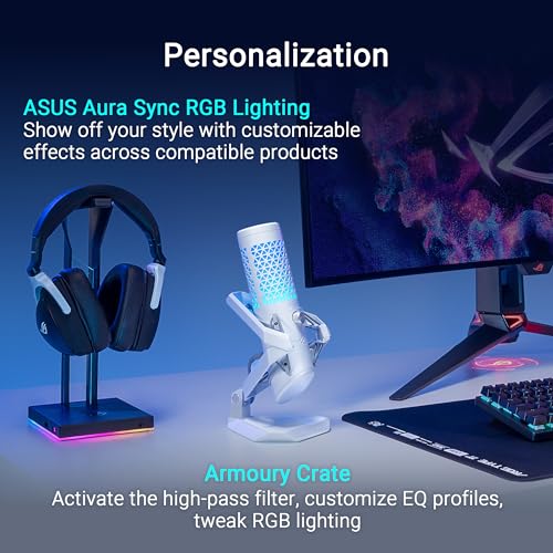 ASUS ROG Carnyx USB Gaming Microphone (25mm Condenser Capsule, 192kHz/24-bit, Cardioid, high-Pass Filter, Built-in pop Filter, Metal Shock Mount, one-Touch Mute, Aura Sync RGB)- Moonlight White