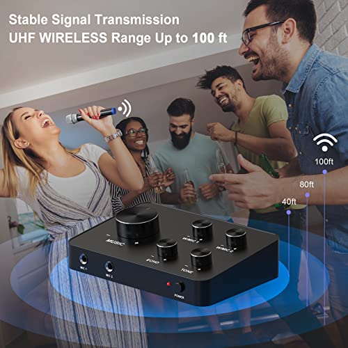Wireless Microphone Karaoke Mixer System, Dual Handheld Wireless Microphone for Karaoke, Smart TV, PC, Speaker, Amplifier, Church, Wedding - Support HDMI, AUX In/Out