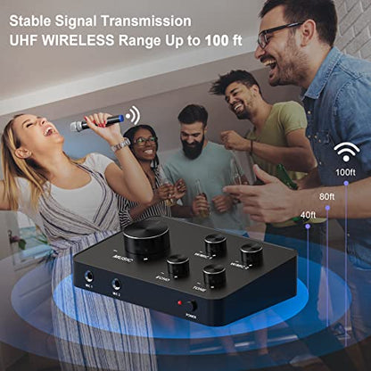Wireless Microphone Karaoke Mixer System, Dual Handheld Wireless Microphone for Karaoke, Smart TV, PC, Speaker, Amplifier, Church, Wedding - Support HDMI, AUX In/Out