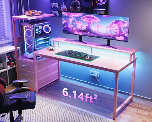 AODK Gaming Desk w/PC Showcase Stand, 59" Reversible, RGB LED - color: Pink, size: 59 Inches