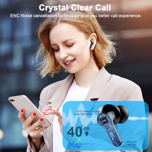 2026 Wireless Earbuds, Bluetooth 5.4 Headphones, HiFi Stereo, 50H Playtime | In-Ear Headphones with ENC Noise Cancelling Mics, IP7 Waterproof Wireless Headphones, Earbuds for iOS Android, LED Display - color: Magic Black