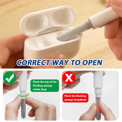 Multi-Function Cleaning Pen Kit for AirPods 1, 2, 3 & Pro, Earbud Cleaning Tool with Soft Brush & Flocking Sponge for Bluetooth Headphones Case -White