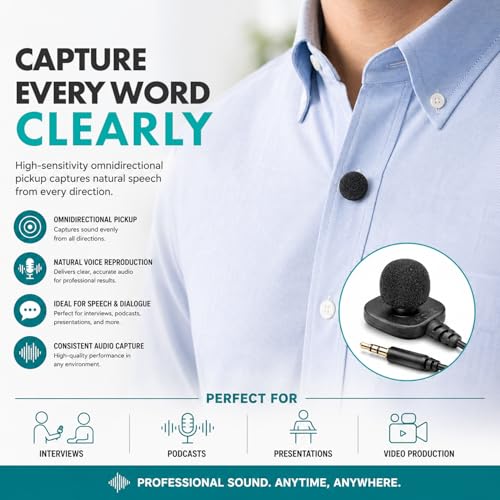 Movo LV-M5 4FT Pin-On Lavalier Microphone with 3.5mm TRS Connector – Clip-On Lav Mic for DSLR Cameras, Camcorders & Audio Recorders – for Interviews, Video Recording & Filmmaking