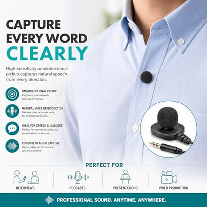 Movo LV-M5 4FT Pin-On Lavalier Microphone with 3.5mm TRS Connector – Clip-On Lav Mic for DSLR Cameras, Camcorders & Audio Recorders – for Interviews, Video Recording & Filmmaking