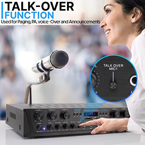 Pyle Bluetooth Home Audio Amplifier - 6 Channel Stereo Receiver Amp, 600 Watt Power, Commercial or Karaoke with Mic Talkover, Headphone Jack, 1/4'' Microphone In, USB SD AUX RCA FM Radio