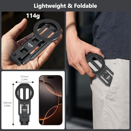 VRIG MG-21 Magnetic Phone Tripod Stand for iPhone, Aluminum Alloy Mini Foldable Tripod for Desk/Handheld, Cold Shoe Expansion Mount, Compatible with 1/4 Screw & Arca-Swiss Plates - size: MG-21 Tripod
