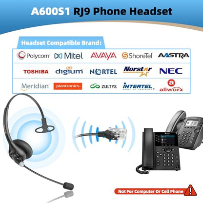 Arama Phone Headset for Office Phones for Polycom & Other IP Phones(A600S1) | Noise-canceling Mic, Metal Headband, Lightweight Design, Plug-and-play, Hands-Free, Call Center, Telemarketing, Office