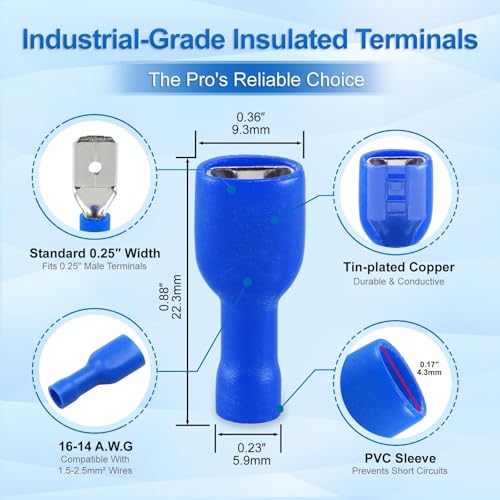 BAOMAIN 1/4" Fully Insulated Male and Female Spade Kit 16-14 AWG 200-Pack - size: Fully Insulated Female and Male