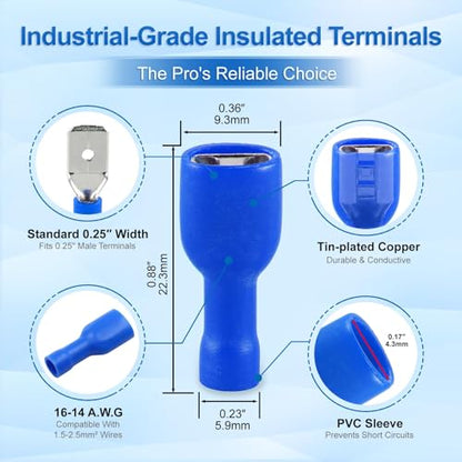 BAOMAIN 1/4" Fully Insulated Male and Female Spade Kit 16-14 AWG 200-Pack - size: Fully Insulated Female and Male