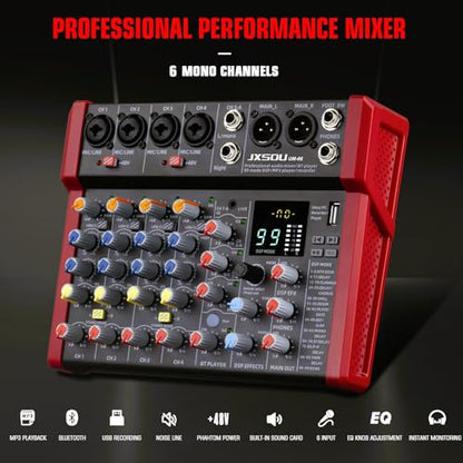 8-Channel Audio Mixer with 99 DSP Effects and 48V Phantom Power | DJ sound board mixer with Bluetooth, USB, XLR input, and stereo mixing for karaoke, studio, PC recording, and live use.