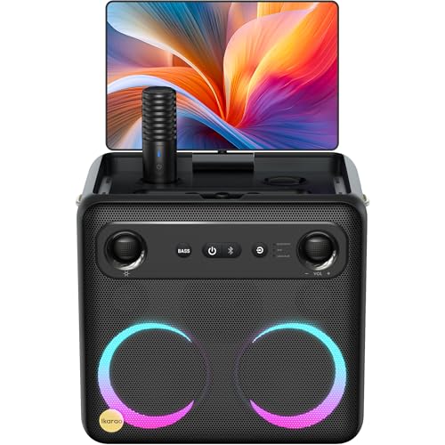 Ikarao 성인용 스마트 노래방 기계 - 가사 디스플레이, 32GB 노래방 태블릿, 무선 마이크 2개, 전문 노래방 시스템, 300W 피크 파워, DJ 조명 4개, 모든 상황에 적합한 노래방 스피커 - size: Break X2 with Wireless Microphones