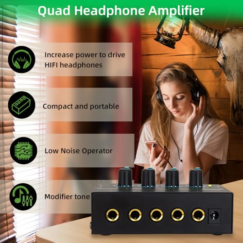 Headphone Amplifier 4 Channel Stereo Headphone Amp Mini Audio Amplifier with Power Adapter DC 12V 6.35mm Input/Output Interface Portable Earphone Amp Splitter for Stage Studio