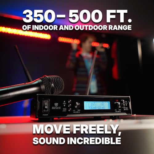 Rockville RWM-200 H2 Dual Handheld UHF Microphone System, 200 Channels, On-Mic 3-Band EQ & Echo, up to 500ft Range, XLR Outputs, Cardioid Mics, Full Metal Build, Ideal for Events, DJ, Karaoke | 200 Channels, XLR/1/4" Outputs, 500' Range, Metal Receiver, B