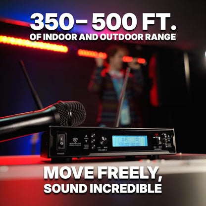 Rockville RWM-200 H2 Dual Handheld UHF Microphone System, 200 Channels, On-Mic 3-Band EQ & Echo, up to 500ft Range, XLR Outputs, Cardioid Mics, Full Metal Build, Ideal for Events, DJ, Karaoke | 200 Channels, XLR/1/4" Outputs, 500' Range, Metal Receiver, B