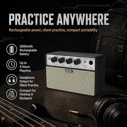 EROK BA-10B Mini Bass Amp, 10W Electric Bass Amplifier with Bluetooth 5.1 | Rechargeable 3000mAh Battery, Clean/Drive Modes, Headphone Output, AUX Input, Compact Practice Design