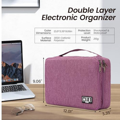 Electronic Organizer Travel Case, Double Layer Cable Organizer Bag | Double-layer design with adjustable dividers, mesh pockets and elastic loops for chargers, cables, power banks and gadgets - color: purple