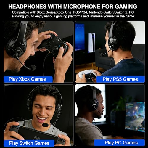 Wired Gaming Headset with Mic for PS5/PS4/Xbox/Switch/PC/Laptop/Tablet/Phone, Over-Ear Headphones with USB-A/C & 3.5mm Jacks/360° Rotating Microphone/In-line Control for Home Office Business Work - style: Double Ear - Flexible Mic