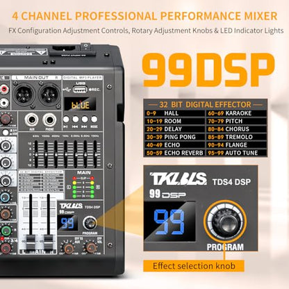4 Channel Audio Mixer for Home Audio, Sound Mixer Board with USB Interface, 99 DSP Effects, 48V Phantom Power, XLR Inputs for Karaoke, Recording
