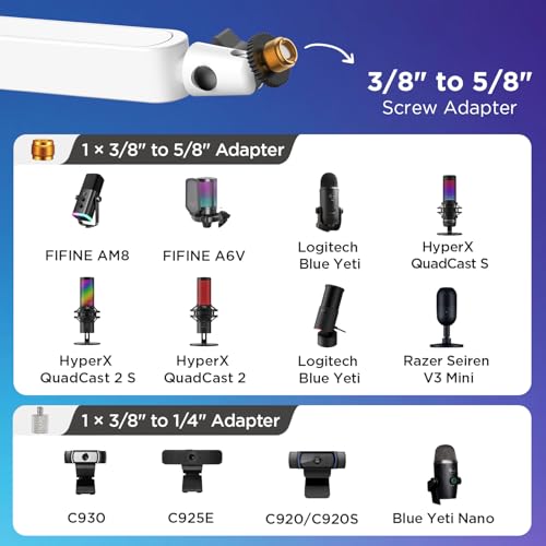 InnoGear 로우 프로파일 마이크 암 붐 암 마이크 스탠드 데스크 마운트, 화이트 | 다중 어댑터, 1.5kg(3.3파운드) 무게 용량, Blue Yeit Nano에 적합, 진동 방지, 각도 조절 가능 - color: 화이트., style: 로우 프로파일 마이크 암