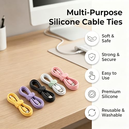 28Pcs Silicone Cable Ties, Reusable & Washable with Locking Buckles, Adjustable Fastening Multipurpose Cord Organizer, High Elasticity Cable Management Organizer
