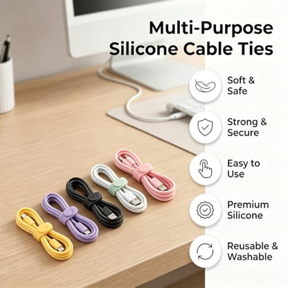 28Pcs Silicone Cable Ties, Reusable & Washable with Locking Buckles, Adjustable Fastening Multipurpose Cord Organizer, High Elasticity Cable Management Organizer