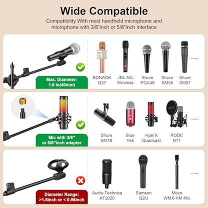 Mic Stand, 6-in-1 Microphone Stand with Floor Boom, Support Boom, Gooseneck, Mic Clips, Tablet Phone Holder, Black, Metal, Portable, Adjustable - size: Large