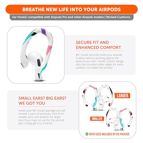 WC HookZ - Patented Upgraded Over Ear Hooks for AirPods Pro 1, 2 & AirPods 1, 2 & 3- Two Size Pairs Included in Package, Unique Left & Right Hook, Made by Wicked Cushions | 90's White - color: 90's White