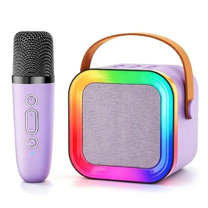 Mini Kids Karaoke Machine Ages 3-12, Wireless Microphones Bluetooth Speaker | LED Party Lights, Voice Changer, Duets, BT 5.3, Rechargeable Portable, Birthday Christmas Toys & Gifts for Boys & Girls - color: Purple - 1 Mic