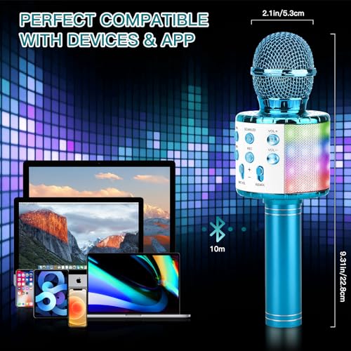ShinePick Karaoke Microphone, 4 in 1 Wireless Microphone with LED Lights Handheld Portable Karaoke Machine, Home KTV Player, Compatible with Android & iOS Devices(Blue) - color: blue