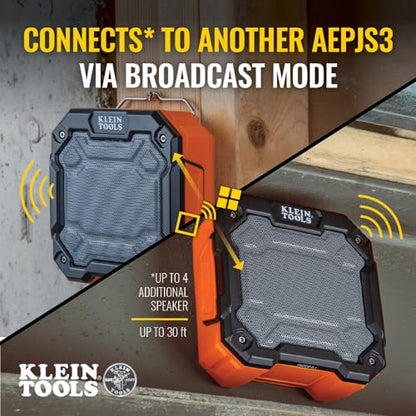 KLEIN TOOLS AEPJS3 Bluetooth Jobsite Speaker with Magnet and Hook, 20-Hr Run Time, Charge Via USB A or C, Pair Multiple Speakers via Broadcast, Hands Free Capable