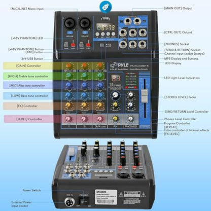 Pyle Professional Audio Mixer Sound Board Console System Interface 4 Channel Digital USB Bluetooth MP3 Computer Input 48V Phantom Power Stereo DJ Studio Streaming FX 16-Bit DSP Processor - PMXU43BT.5 - size: 4