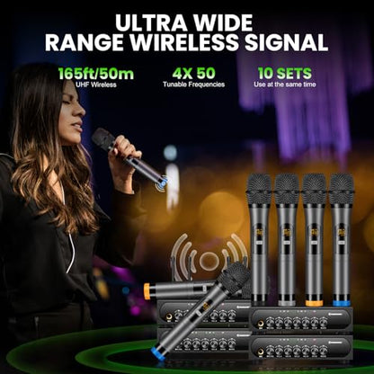 Wireless Microphone System Karaoke 4 Channel UHF Cordless Handheld Dynamic Mic with Bluetooth Receiver Box + Volume Control Echo Mic Work Range 165ft for Karaoke PA System DJ Mixer Party - size: 4 Channel UHF Cordless Handheld Dynamic Mic