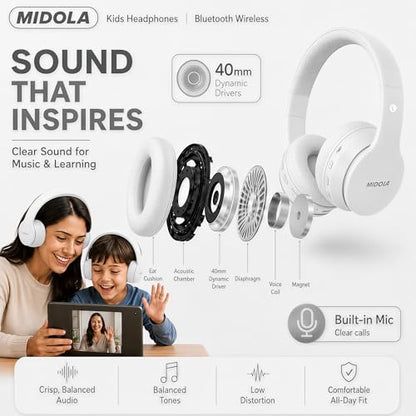 MIDOLA Kids Headphones Bluetooth 5.4 Wireless 68H Play Time Volume Limit 85/94dB Over-Ear Foldable Headset,Type-C Fast Charging, Wired Aux Mic for Toddler Child Pad Tablet White | Adjustable Headband Foldable Over-Ear Lightweight Headsets for Toddler Girl