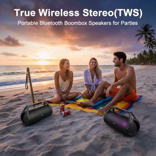 80W Loud Boombox Outdoor Speaker, IP66 Waterproof & Dustproof | Bluetooth/AUX/USB/Mic Inputs, Punchy Bass, Strap & Handle, No Lights, for Yoga Instructors, Meditation, Pilates, Fitness
